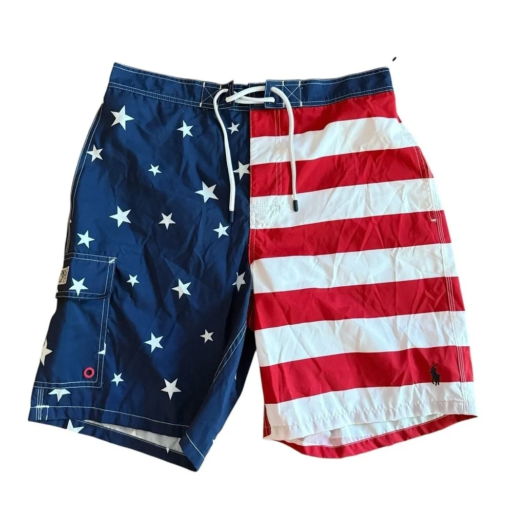 Polo Ralph Lauren American Flag Swim Trunks Men's L Cargo Board Shorts NWOT
